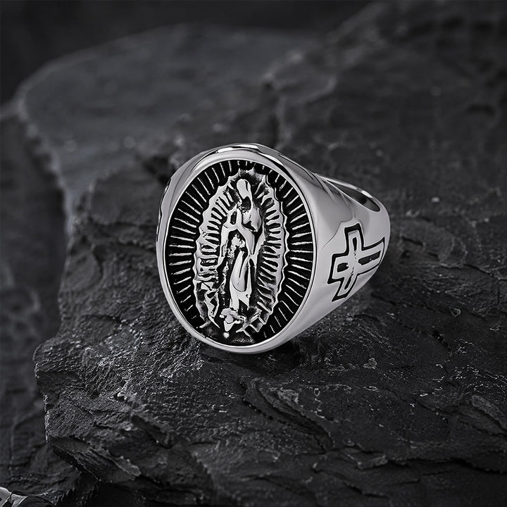Christianartworkshop Deep Relief Our Lady Of Guadalupe Cross Statement Ring: Timeless Emblem of Unshakable Sacred Faith - Silver - US 12 - image 8