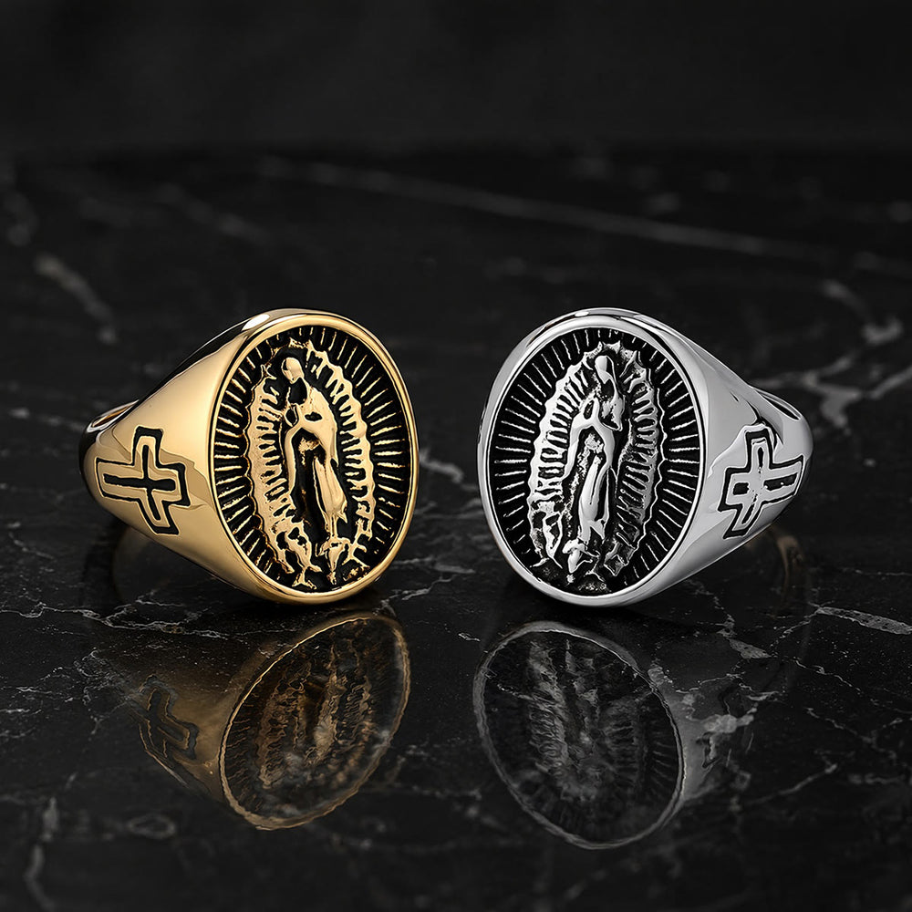 Christianartworkshop Deep Relief Our Lady Of Guadalupe Cross Statement Ring: Timeless Emblem of Unshakable Sacred Faith - image 1