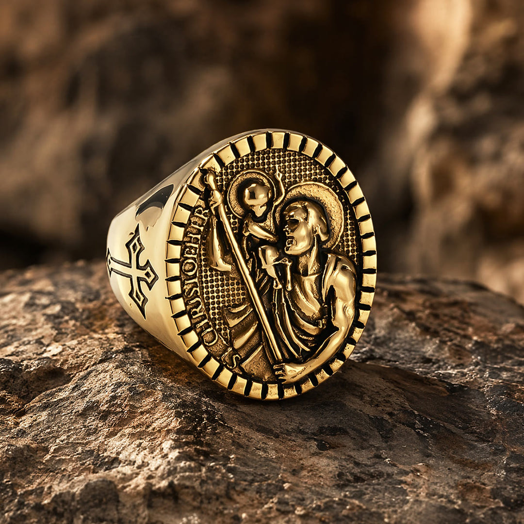 Christianartworkshop St. Christopher Round Ridged Border Signet Ring: Timeless Emblem of Unshakable Sacred Faith - Golden - US 12 - image 10