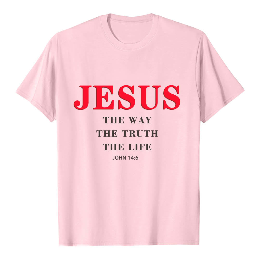 Christianartworkshop Large Bold Serif JESUS The Way The Truth The Life John 14:6 Print Premium Short Sleeve T-Shirt - Pink - 2XL - image 24