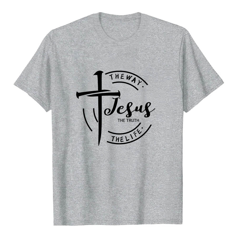 Christianartworkshop Brush Stroke Cross Circular Frame Jesus The Way The Truth The Life Premium Short Sleeve T-Shirt - Grey - 2XL - image 0