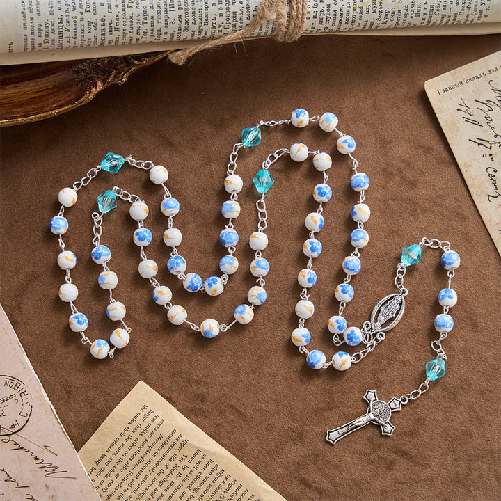 Christianartworkshop Soft Blue Floral Ceramic Bead Aqua Spacer Our Lady Crucifix Rosary - image 3