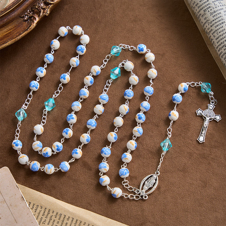 Christianartworkshop Soft Blue Floral Ceramic Bead Aqua Spacer Our Lady Crucifix Rosary - image 5