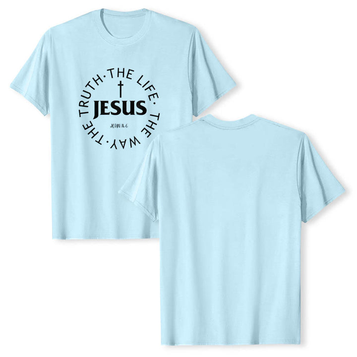 Christianartworkshop Centered Cross JESUS Circular Curved Verse Text John 14:6 Premium Short Sleeve T-Shirt - image 13