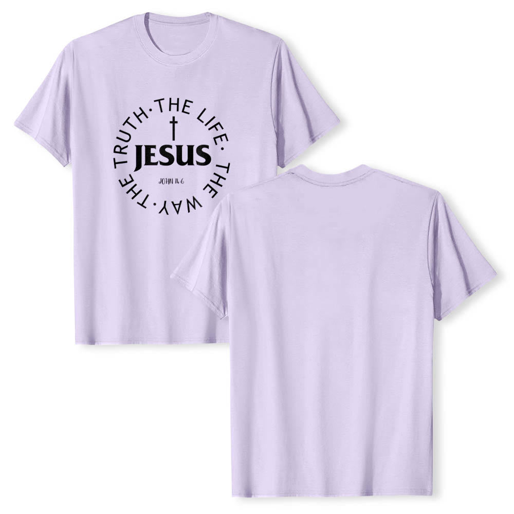 Christianartworkshop Centered Cross JESUS Circular Curved Verse Text John 14:6 Premium Short Sleeve T-Shirt - image 16