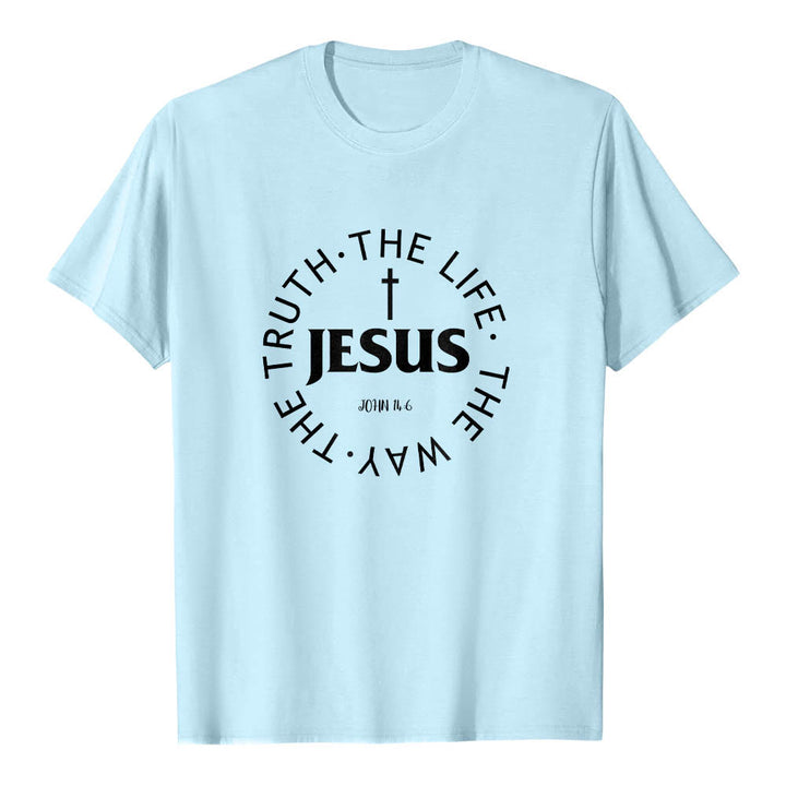 Christianartworkshop Centered Cross JESUS Circular Curved Verse Text John 14:6 Premium Short Sleeve T-Shirt - Blue - 2XL - image 12