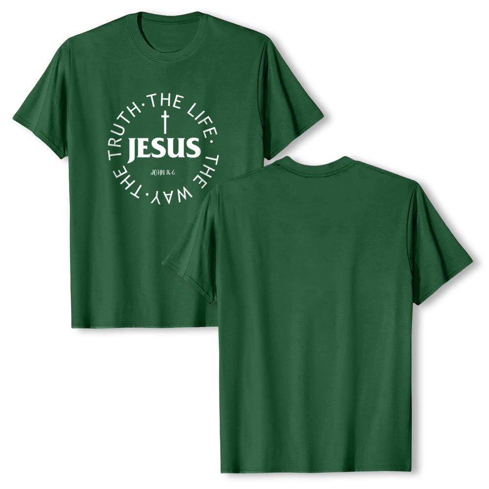 Christianartworkshop Centered Cross JESUS Circular Curved Verse Text John 14:6 Premium Short Sleeve T-Shirt - image 10