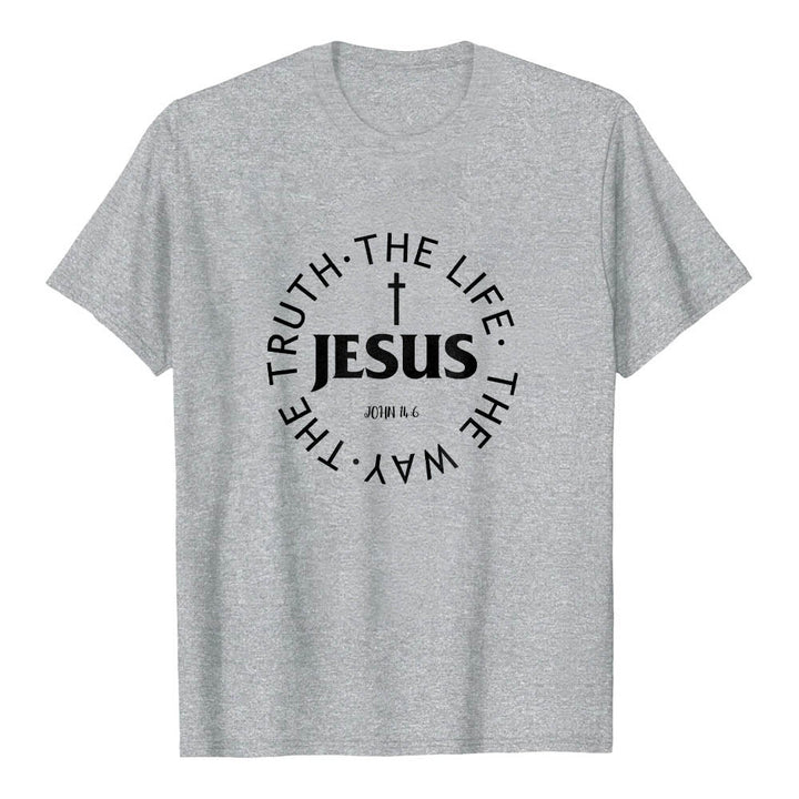 Christianartworkshop Centered Cross JESUS Circular Curved Verse Text John 14:6 Premium Short Sleeve T-Shirt - Grey - 2XL - image 3