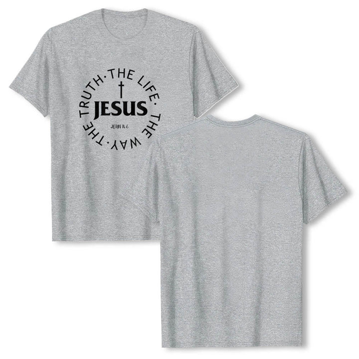 Christianartworkshop Centered Cross JESUS Circular Curved Verse Text John 14:6 Premium Short Sleeve T-Shirt - image 4