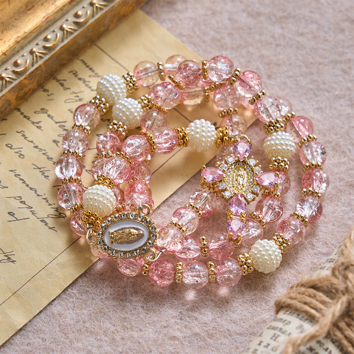 Christianartworkshop Glossy Transparent Crackle Glass Pink Tone Our Lady Accent Devotional Rosary - image 2