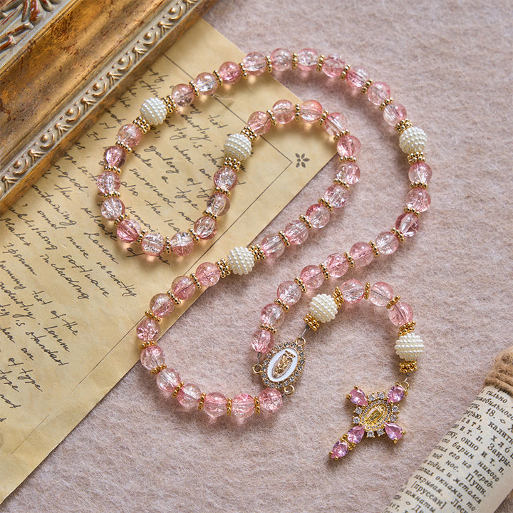 Christianartworkshop Glossy Transparent Crackle Glass Pink Tone Our Lady Accent Devotional Rosary - image 5