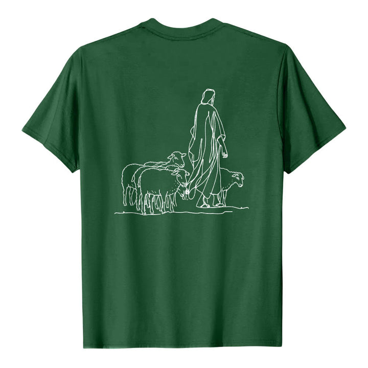 Christianartworkshop If You're Hanging On By A Thread Matthew 9:22 Front Shepherd & Sheep Drawing Back Premium Short Sleeve T-Shirt - image 8