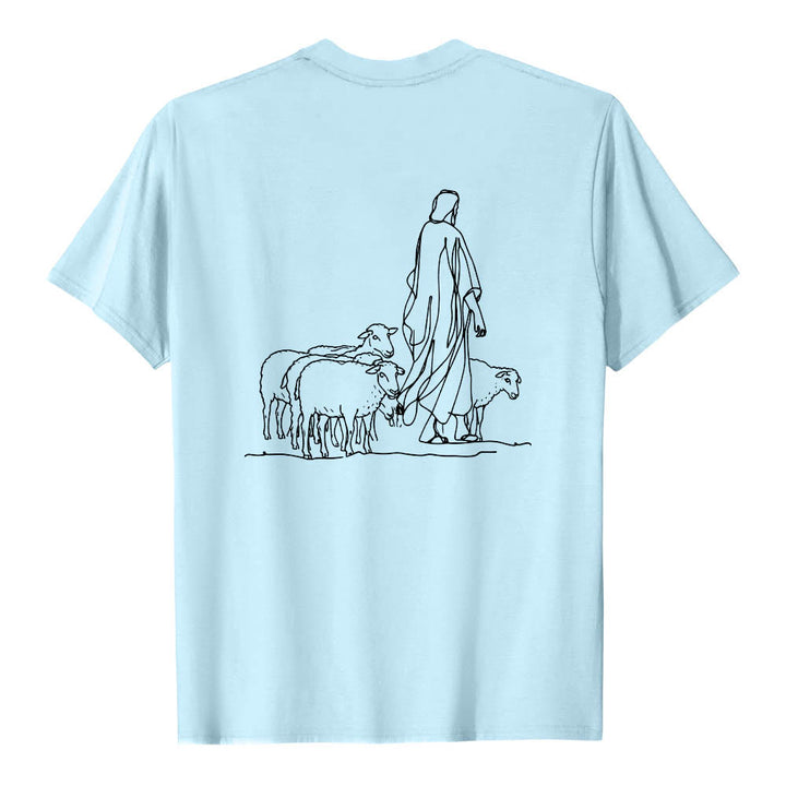 Christianartworkshop If You're Hanging On By A Thread Matthew 9:22 Front Shepherd & Sheep Drawing Back Premium Short Sleeve T-Shirt - image 11