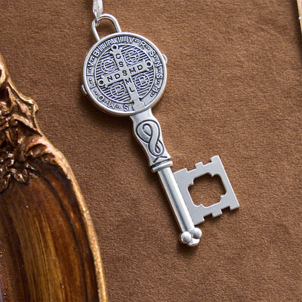 Christianartworkshop Pearl Cluster Bead Cord Pocket Rosary With Engraved St.Benedict Key Pendant - image 7
