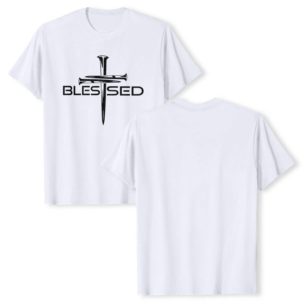 Christianartworkshop Blessed Three Nails Cross Split Bold Block Word Front Print Premium Short Sleeve T-Shirt - image 13