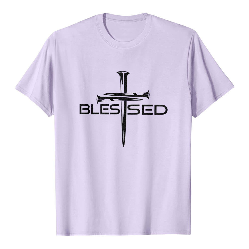 Christianartworkshop Blessed Three Nails Cross Split Bold Block Word Front Print Premium Short Sleeve T-Shirt - Purple - 2XL - image 9