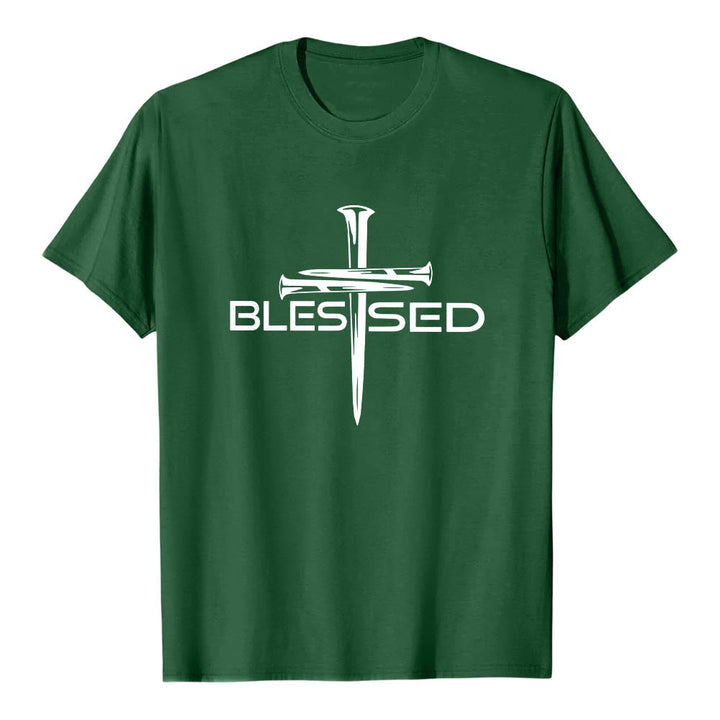 Christianartworkshop Blessed Three Nails Cross Split Bold Block Word Front Print Premium Short Sleeve T-Shirt - Dark Green - 2XL - image 3