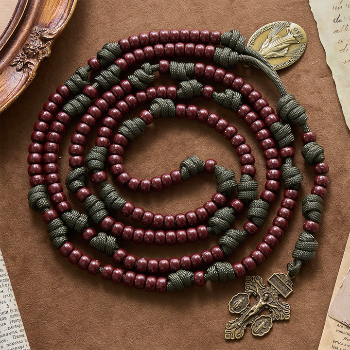 Christianartworkshop 15 Decade Paracord Brown Barrel Bead Miraculous Medal Triple Panel Crucifix Rosary - 15 Decade Paracord Rosary - image 0