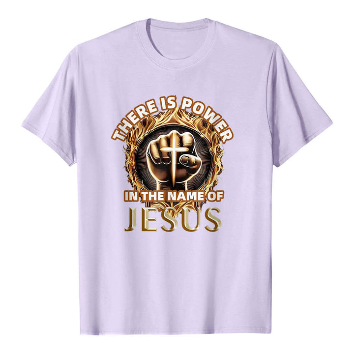 Christianartworkshop There Is Power In The Name Of Jesus Clenched Fist Cross Flame Circular Short Sleeve T-Shirt - Purple - 2XL - image 12