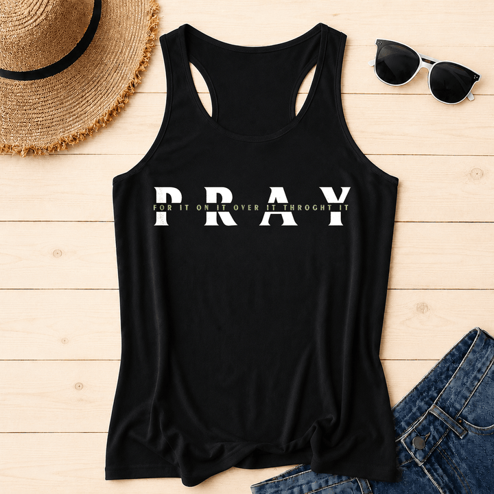 Christianartworkshop Distressed PRAY Overlaid Multi Preposition Phrase Front Print Racerback Tank Top - Black - 2XL - image 6