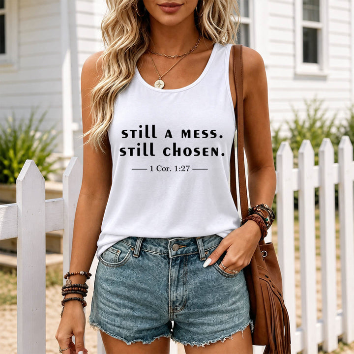 Christianartworkshop Still A Mess Still Chosen Two Line Casual Serif Verse Citation 1 Cor.1:27 Front Print Racerback Tank Top - image 5