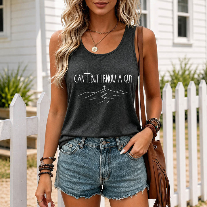 Christianartworkshop I Can't But I Know A Guy Handwritten Font Hill Cross Path Front Print Racerback Tank Top - image 5