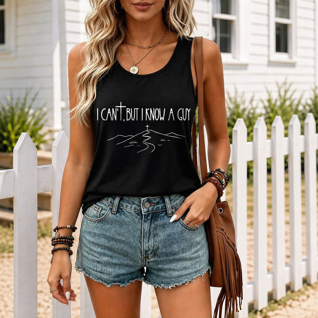 Christianartworkshop I Can't But I Know A Guy Handwritten Font Hill Cross Path Front Print Racerback Tank Top - image 11