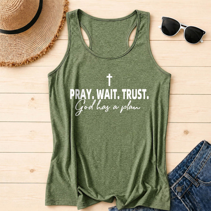 Christianartworkshop Cross PRAY WAIT TRUST Bold Block Font Cursive Subline God Has A Plan Racerback Tank Top - Olive Green - 2XL - image 16
