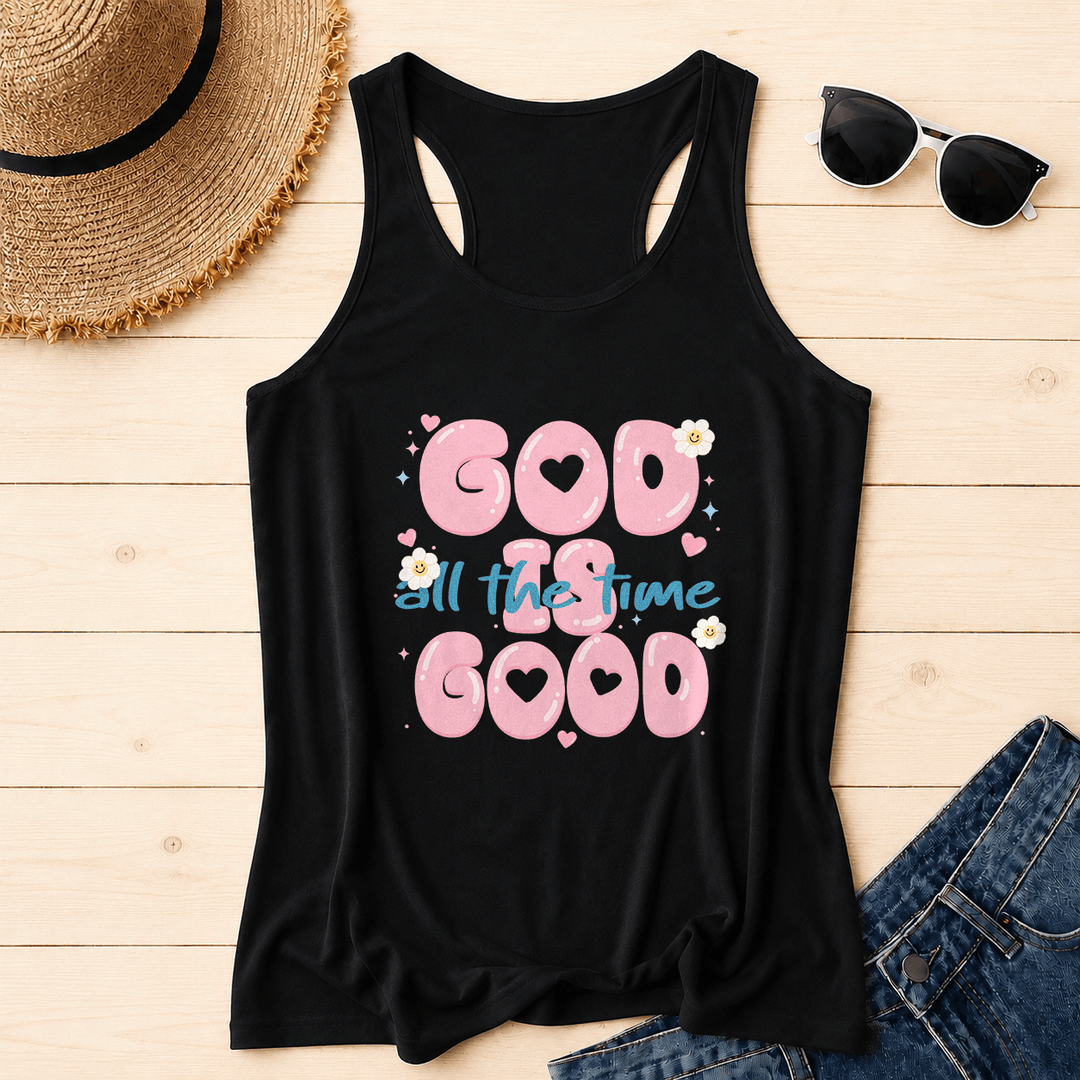 Christianartworkshop God Is Good All The Time Bubble Heart Lettering Smiley Daisy Star Heart Accent Front Print Racerback Tank Top - Black - 2XL - image 6