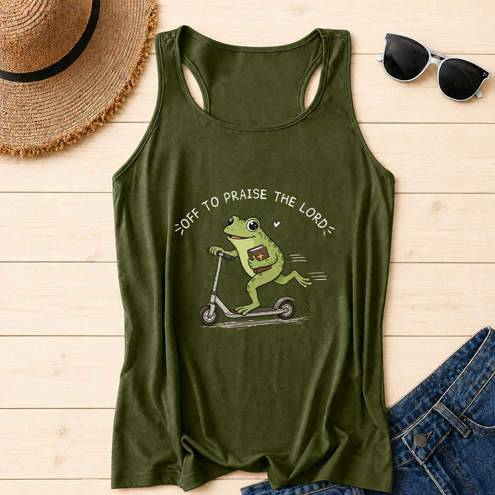 Christianartworkshop Off To Praise The Lord Arch Curved Text Cute Frog Riding Scooter Holding Bible Heart Cartoon Racerback Tank Top - Army Green - 2XL - image 4