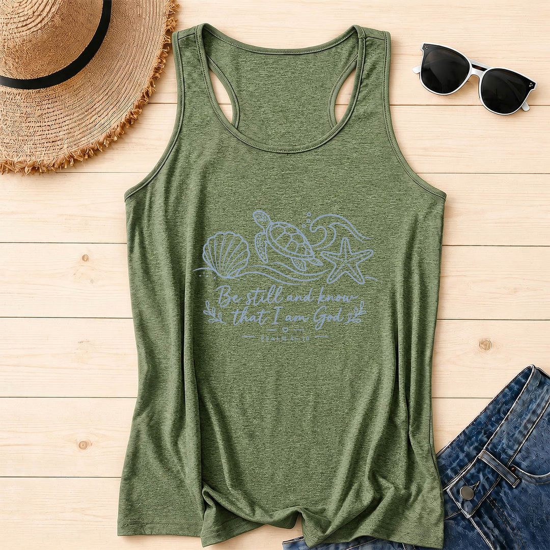 Christianartworkshop Be Still And Know That I Am God Psalm 46:10 Ocean Turtle Seashell Starfish Wave Racerback Tank Top - Olive Green - 2XL - image 4