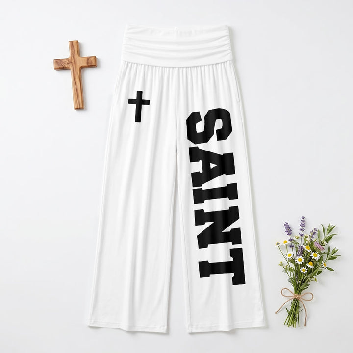 Christianartworkshop All Over Print Vertical Varsity SAINT Letter White Cross Fold Over High Waist Wide Leg Pants - White - US22,UK/AU26,EU54(6XL) - image 6