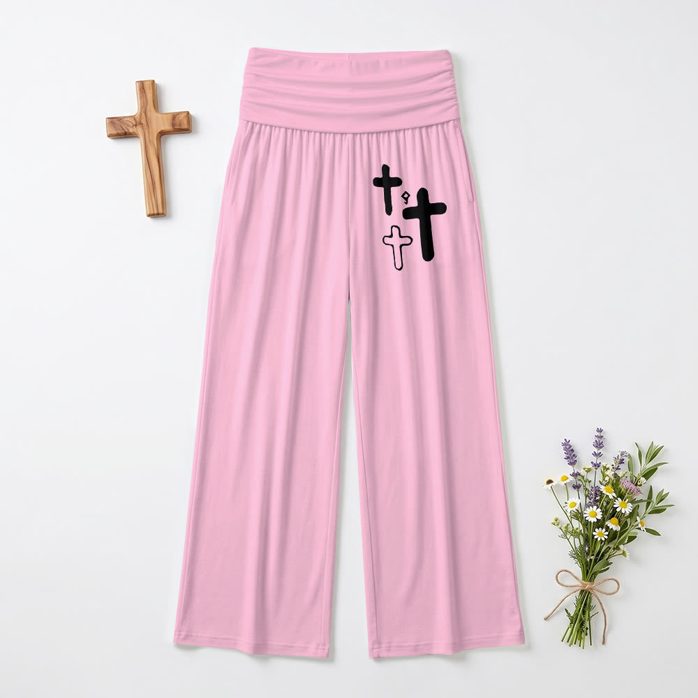Christianartworkshop Minimal Multi Cross Graphic Front Hip Print Fold Over High Waist Wide Leg Pants - Pink - US22,UK/AU26,EU54(6XL) - image 9