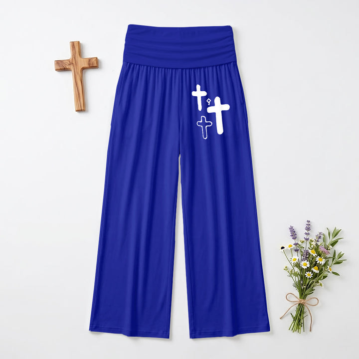 Christianartworkshop Minimal Multi Cross Graphic Front Hip Print Fold Over High Waist Wide Leg Pants - Blue - US22,UK/AU26,EU54(6XL) - image 12