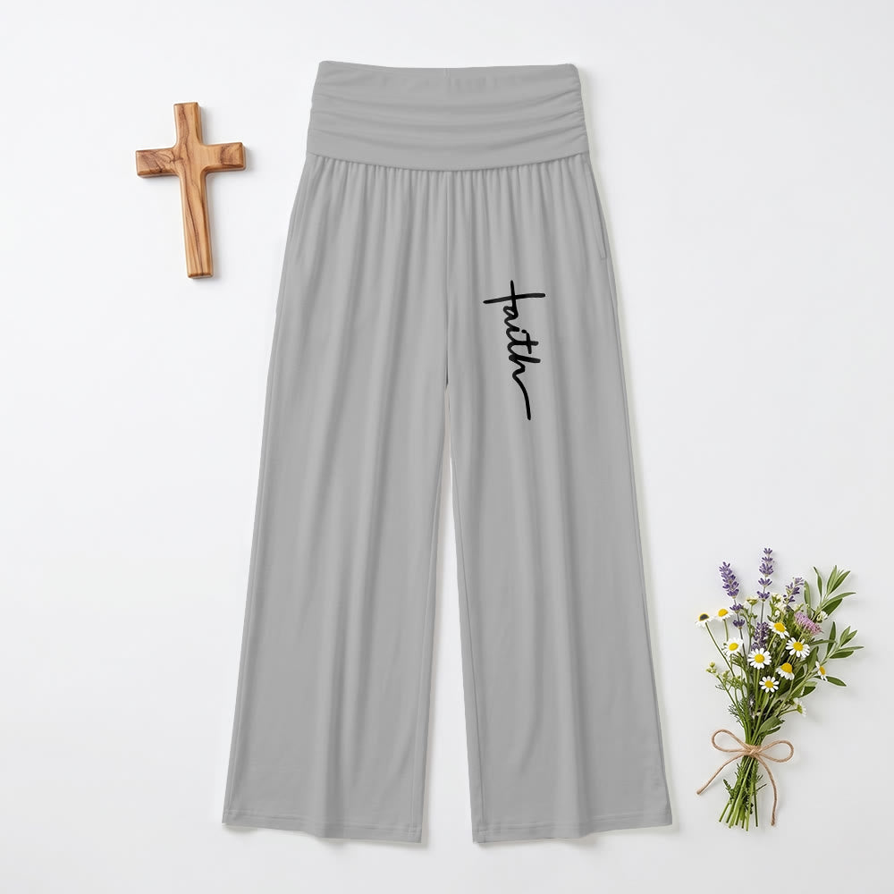 Christianartworkshop Vertical Cursive Faith Handwriting Print Fold Over High Waist Wide Leg Pants - Grey - US22,UK/AU26,EU54(6XL) - image 6