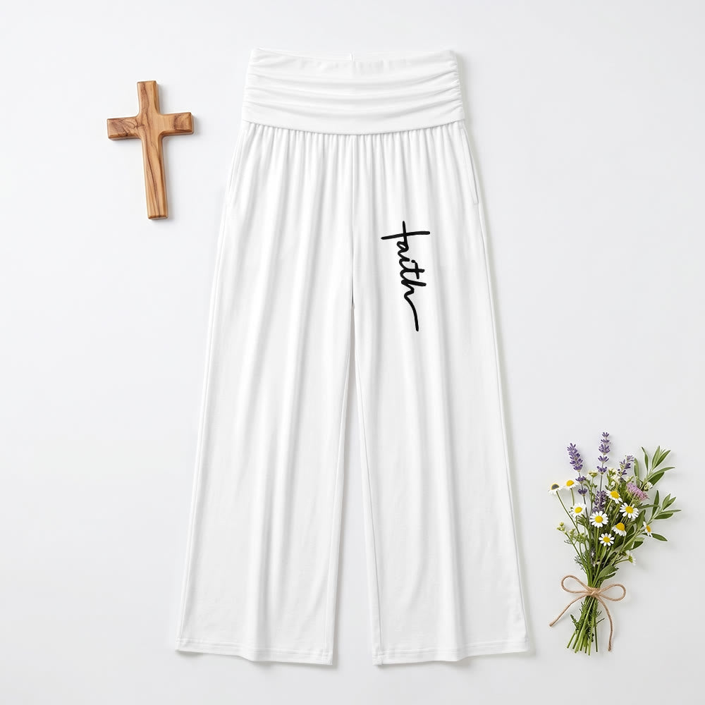 Christianartworkshop Vertical Cursive Faith Handwriting Print Fold Over High Waist Wide Leg Pants - White - US22,UK/AU26,EU54(6XL) - image 3