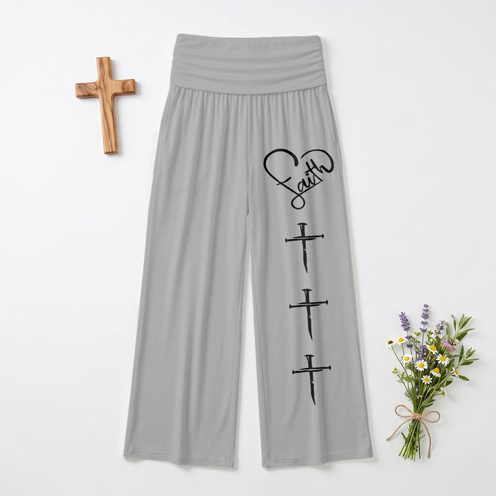 Christianartworkshop Heart Outline Faith Cursive Three Vertical Nail Cross Print Wide Leg Pants - Grey - US22,UK/AU26,EU54(6XL) - image 0