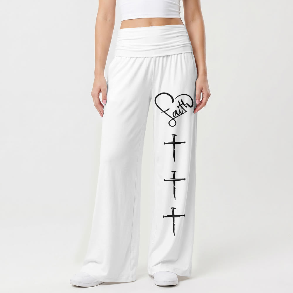 Christianartworkshop Heart Outline Faith Cursive Three Vertical Nail Cross Print Wide Leg Pants - image 10