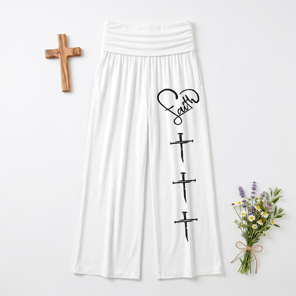 Christianartworkshop Heart Outline Faith Cursive Three Vertical Nail Cross Print Wide Leg Pants - White - US22,UK/AU26,EU54(6XL) - image 9