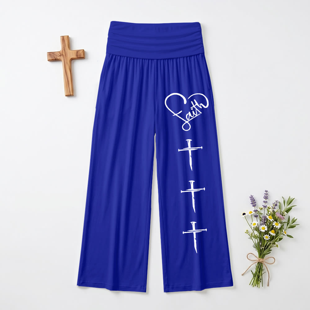 Christianartworkshop Heart Outline Faith Cursive Three Vertical Nail Cross Print Wide Leg Pants - Blue - US22,UK/AU26,EU54(6XL) - image 12