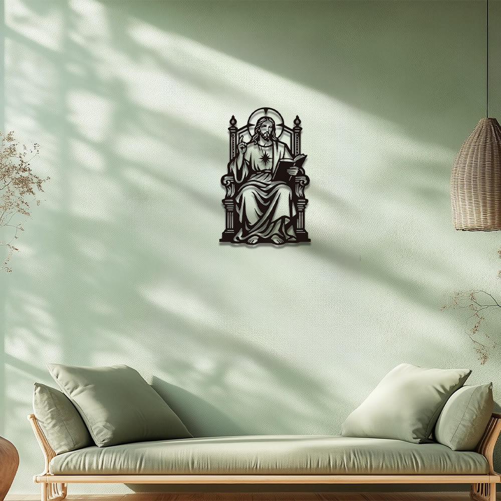 Christianartworkshop Throne Seated Sacred Heart Jesus Holding Scripture Metal Wall Decor: Timeless Emblem of Sacred Redemptive Grace - image 4