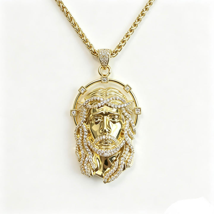 Christianartworkshop Oval Rhinestone Halo Holy Face Pendant Multiple Style Link Chain Necklace: Timeless Emblem of Gentle Heavenly Guardianship - Golden & Basket Chain - image 7