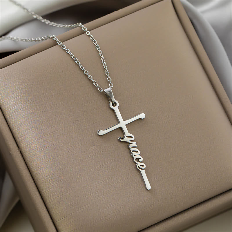 Christianartworkshop Multi Style Cursive Faith Word Integrated Cross Pendant Thin Link Chain Necklace: Timeless Emblem of Gentle Heavenly Guardianship - Grace - Silver - image 12