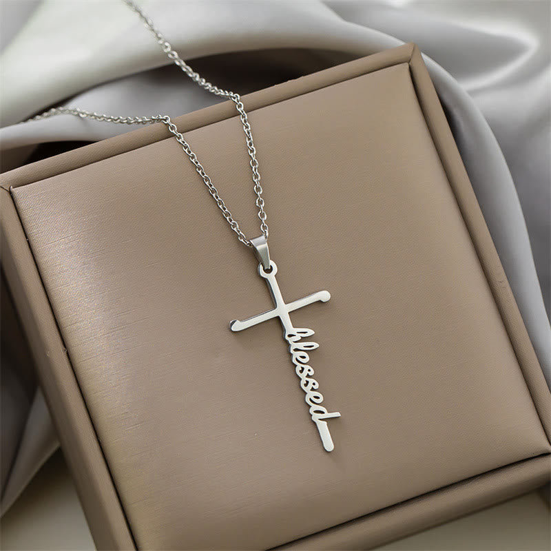 Christianartworkshop Multi Style Cursive Faith Word Integrated Cross Pendant Thin Link Chain Necklace: Timeless Emblem of Gentle Heavenly Guardianship - Blessed - Silver - image 10