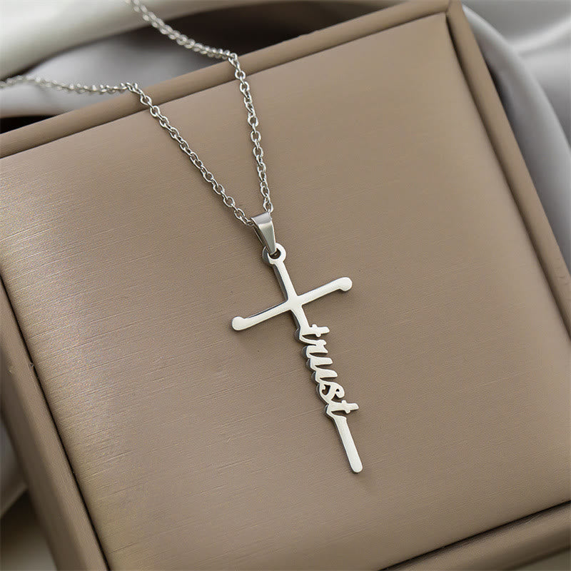 Christianartworkshop Multi Style Cursive Faith Word Integrated Cross Pendant Thin Link Chain Necklace: Timeless Emblem of Gentle Heavenly Guardianship - Trust - Silver - image 14