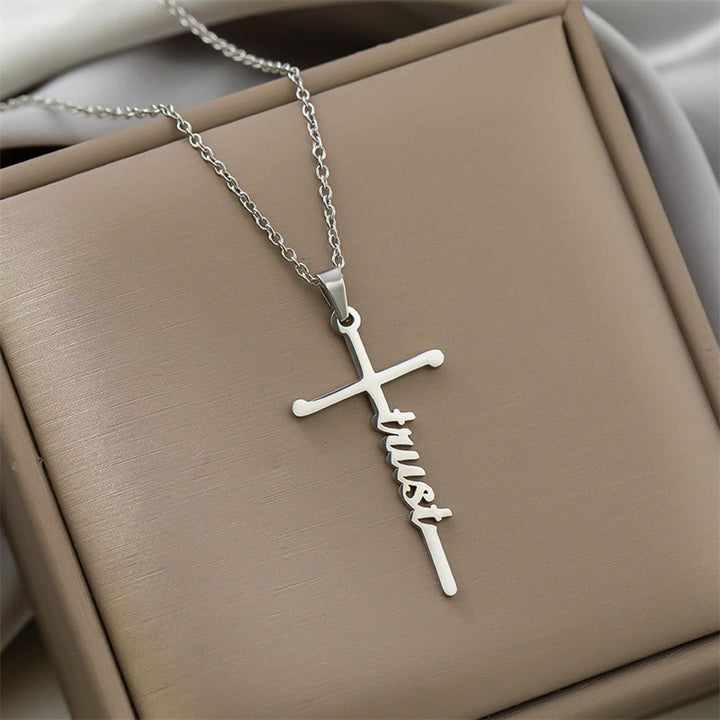 Christianartworkshop Multi Style Cursive Faith Word Integrated Cross Pendant Thin Link Chain Necklace: Timeless Emblem of Gentle Heavenly Guardianship - Trust - Silver - image 14