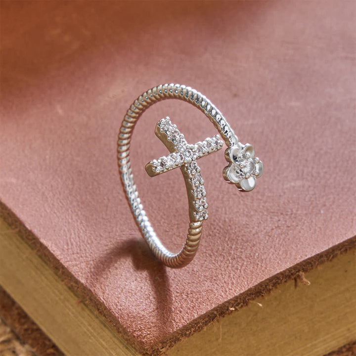 Christianartworkshop Open Cuff Ring with Pave Zircon Cross and Flower Zircon Accent: A Symbol of Tender Grace & Steadfast Sacred Faith - Silver(Suitable for US 5-9) - image 5