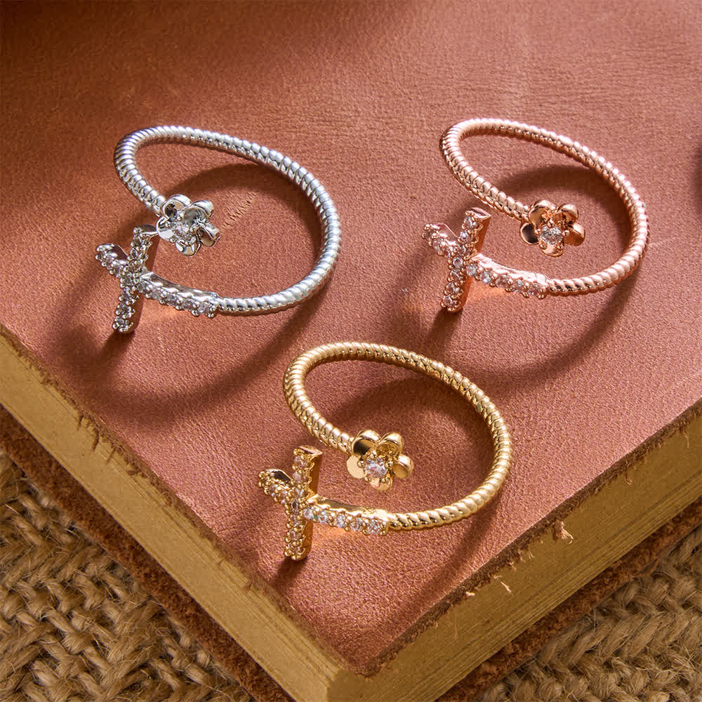 Christianartworkshop Open Cuff Ring with Pave Zircon Cross and Flower Zircon Accent: A Symbol of Tender Grace & Steadfast Sacred Faith - image 2