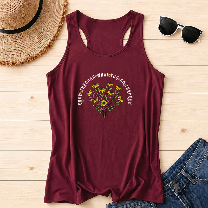 Christianartworkshop Arch Curved Grow Through What You Go Through Text Black Eyed Susan Floral Bouquet Centered Racerback Tank Top - Wine - 2XL - image 6