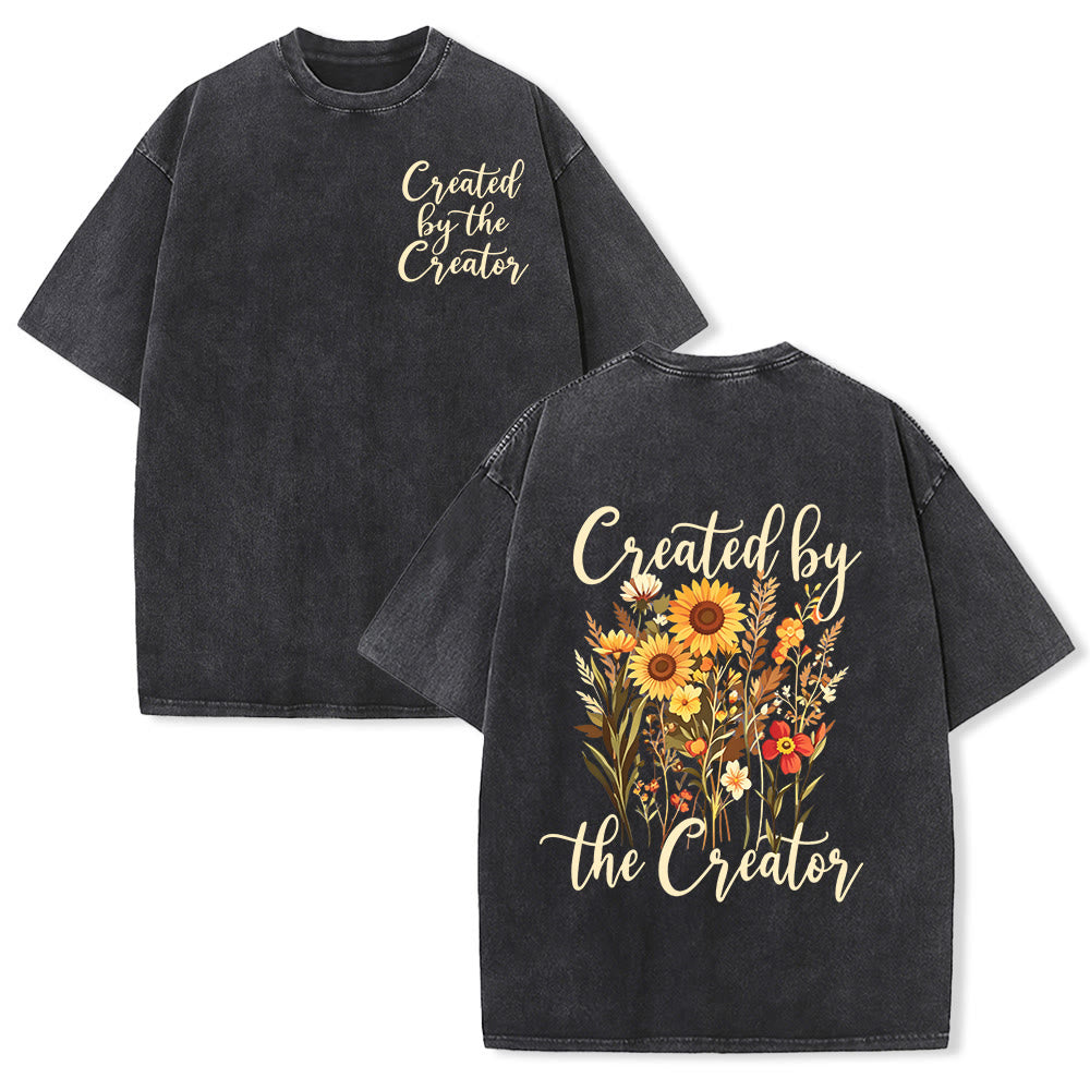 Christianartworkshop Created By The Creator Elegant Cursive Wild Sunflower Bouquet Dual Print Vintage Washed T-Shirt - Black - 5XL - image 0